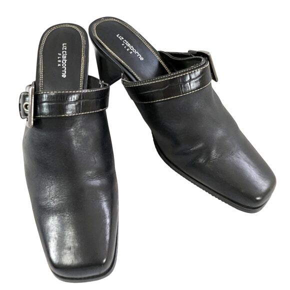 NWOT! LIZ CLAIBORNE! "FLEX" BLACK GENUINE SUEDE LEATHER SQUARE TOE MULES! SZ 10M - Picture 1 of 10